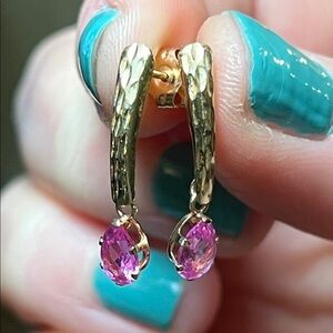 Vintage 14k Solid Yellow Gold Pink Topaz Teardrop Dangle Earrings